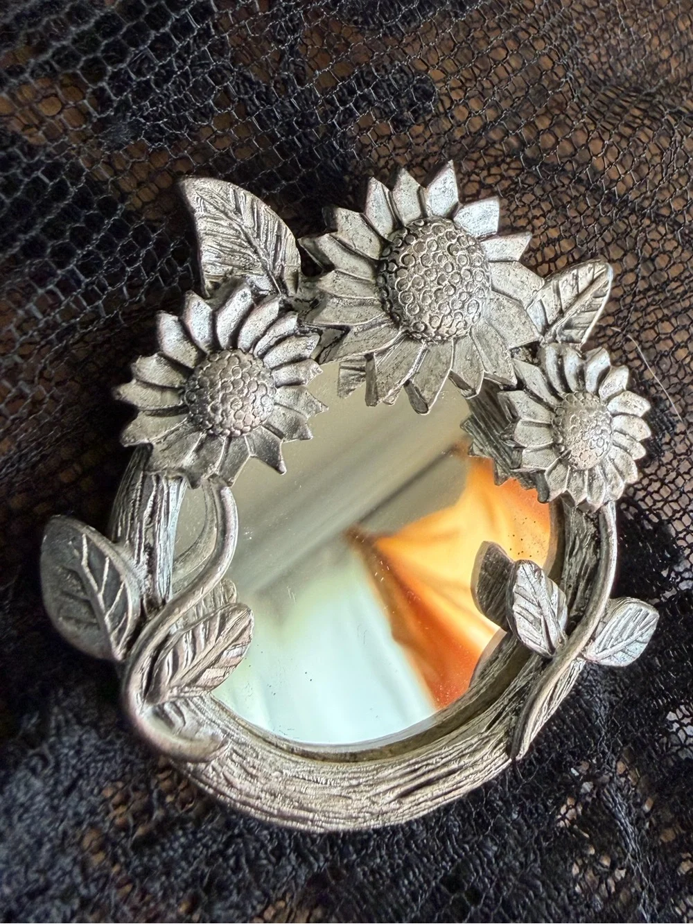 Silver (Heavy) Sunflower Floral Mirror Brooch